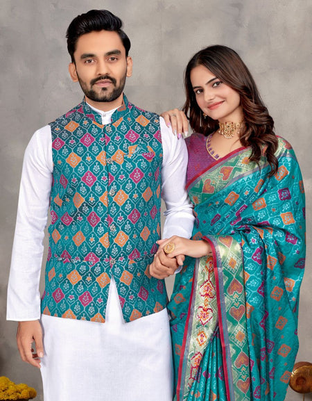 Couples wear Traditional Indian Blue Men Kurta Pajama Koti and Women Saree mahezon