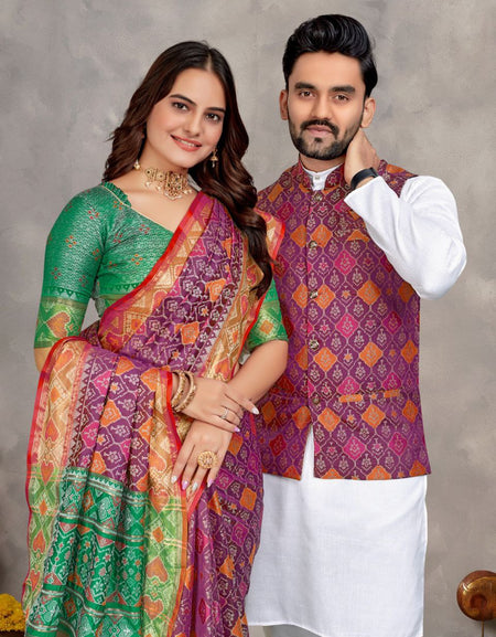 Couples wear Traditional Indian Purple Men Kurta Pajama Koti and Women Saree mahezon