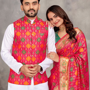 Couples wear Traditional Indian Pink Men Kurta Pajama Koti and Women Saree mahezon