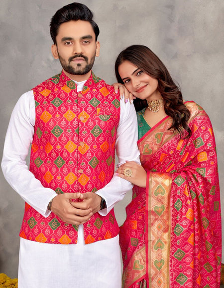 Couples wear Traditional Indian Pink Men Kurta Pajama Koti and Women Saree mahezon
