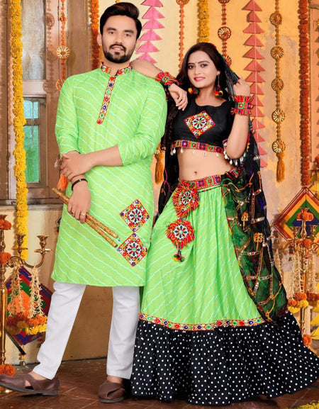 Navratri Traditional Indian Green Couple Wear Same Matching Outfits Set mahezon