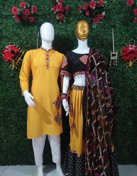 Navratri Traditional Indian Yellow Couple Wear Same Matching Outfits Set mahezon
