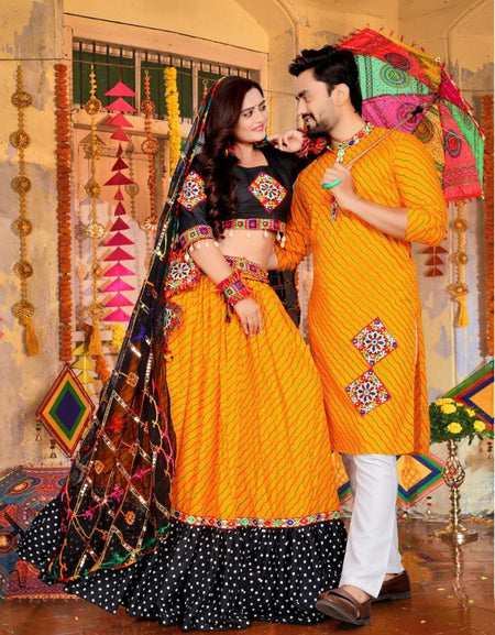 Navratri Traditional Indian Yellow Couple Wear Same Matching Outfits Set mahezon