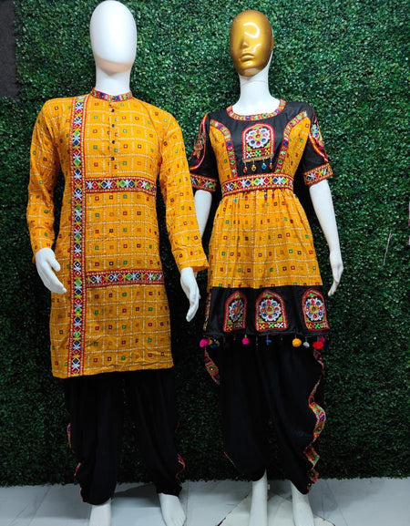 Navratri Traditional Indian Yellow Couple Wear Same Matching Outfits Set Dress mahezon