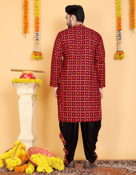 Navratri Traditional Indian Maroon Men Kurta Dhoti Set mahezon