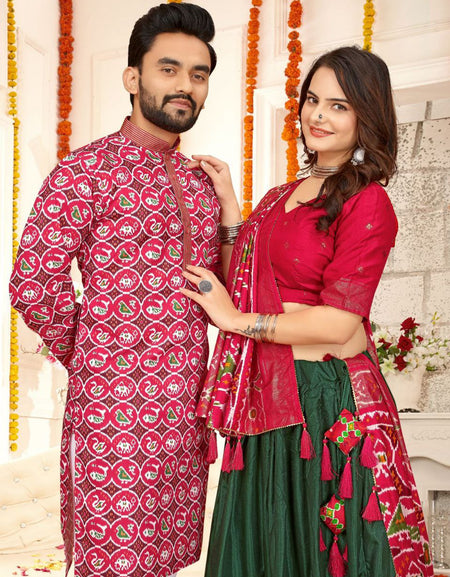 Traditional Couple Wear Men Kurta and Women Lehenga Same Matching Outfits Set mahezon