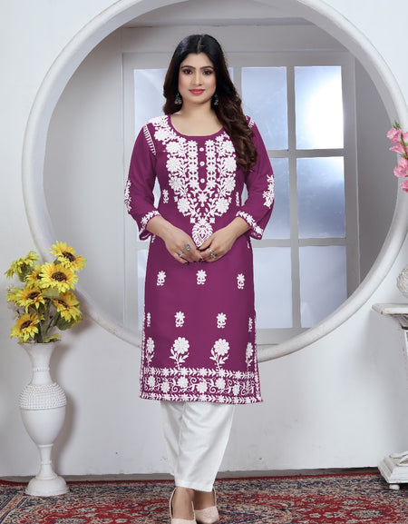 Women's Embroidery Purple Chikankari Kurta Pant Set