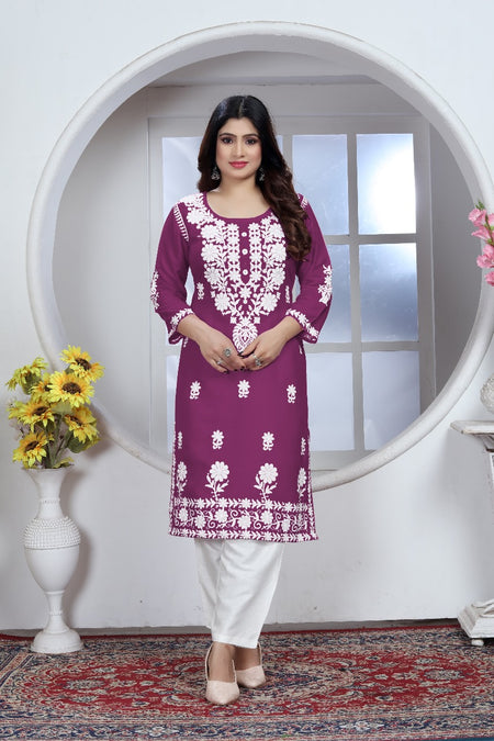 Women's Embroidery Purple Chikankari Kurta Pant Set