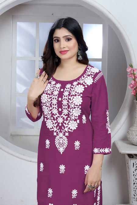 Women's Embroidery Purple Chikankari Kurta Pant Set mahezon
