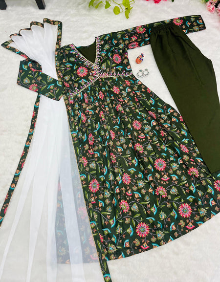 Women's Green Alia cut Kurta Pant with Dupatta Suit mahezon