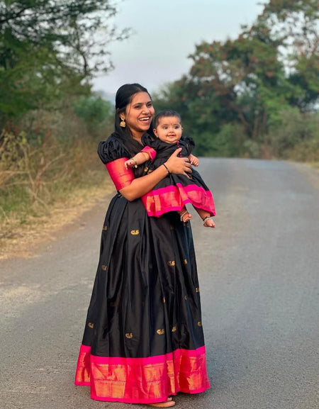 Makar Sankranti Black Paithani Gown for Mother and Daughter mahezon