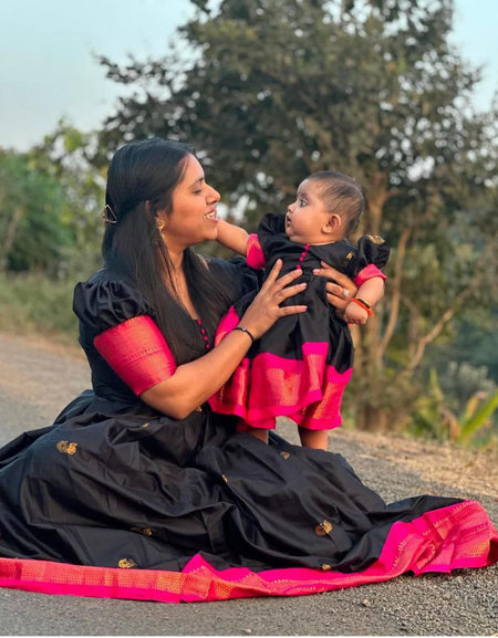 Makar Sankranti Black Paithani Gown for Mother and Daughter mahezon