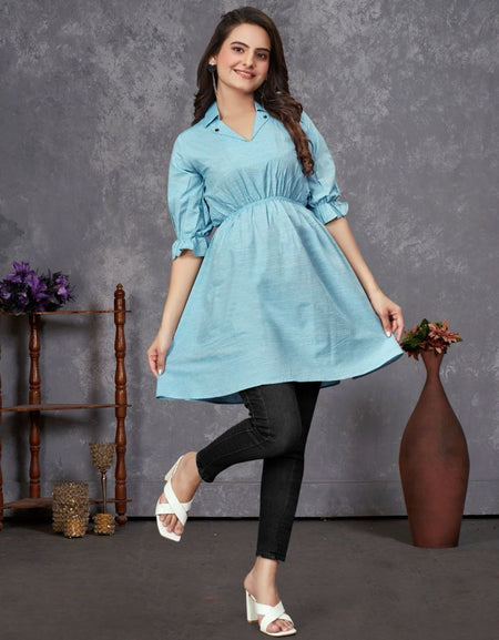 Couple wear Same Matching Blue Men Shirt and Women's Tunic Set mahezon