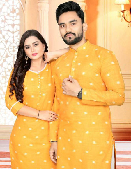 Couple wear Yellow Indian Traditional Same Matching Outfits mahezon