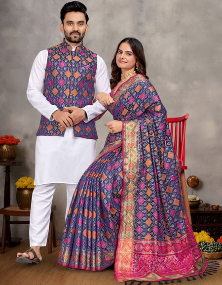 Best Couple wear Traditional Indian Indian Men Kurta Pajama Koti and Women Saree mahezon