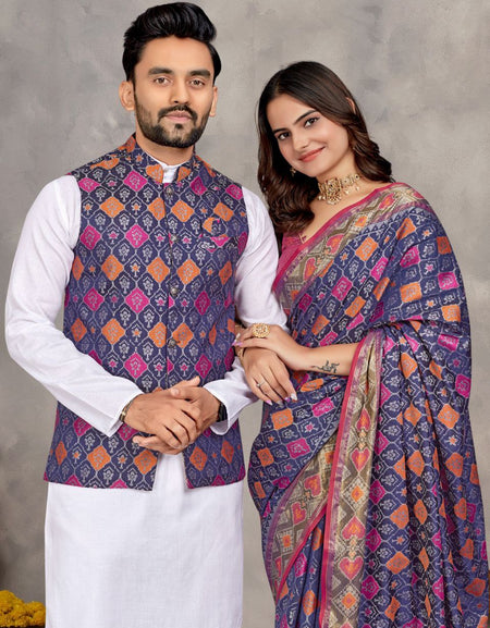 Best Couple wear Traditional Indian Indian Men Kurta Pajama Koti and Women Saree mahezon