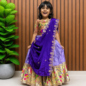 Premium Traditional Mother Daughter Matching Paithani Silk Lehenga Choli Set - Lavender & Royal Blue Combo