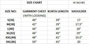 A size chart table showing garment chest measurements, kurta length, and shoulder measurements in inches for sizes S(36) through 3XL(46).