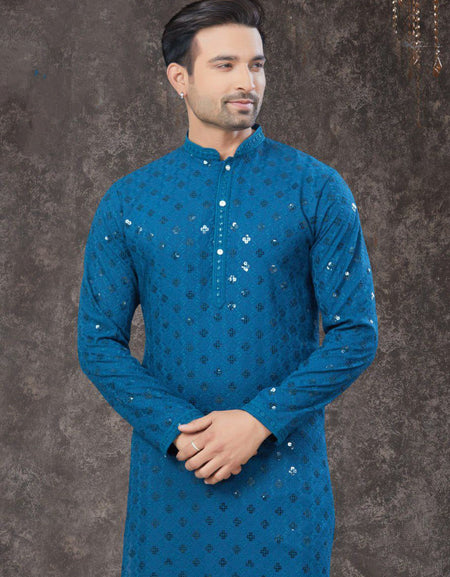 Lucknowi Chikankari Blue Mens Kurta Pajama mahezon