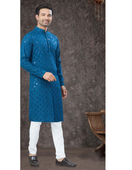Lucknowi Chikankari Blue Mens Kurta Pajama mahezon
