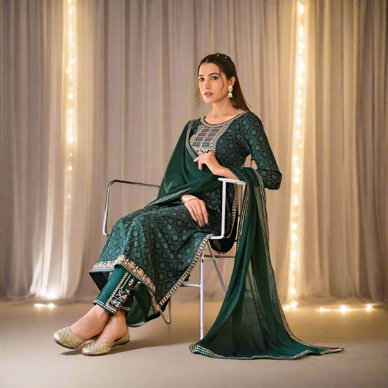 Indian Traditional Women Green Ethnic Wear Naira Cut Kurta Set – mahezon