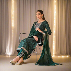 Green Bandhej Naira Cut Kurti Pant Dupatta set mahezon