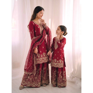 Ethnic Wear Matching Red Mother Daughter Designer Party wear Top Palazzo Dupatta Suit Set mahezon