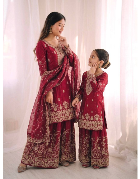Ethnic Wear Matching Red Mother Daughter Designer Party wear Top Palazzo Dupatta Suit Set mahezon