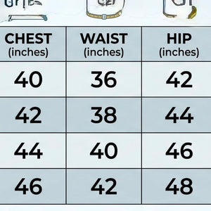 A size chart table showing measurements for sizes M, L, XL, and XXL, with columns for chest, waist, hip, and shoulder in inches.