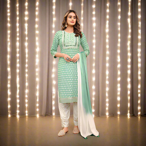 Exclusive Pista Green Naira cut Kurti Pant Dupatta Suit mahezon