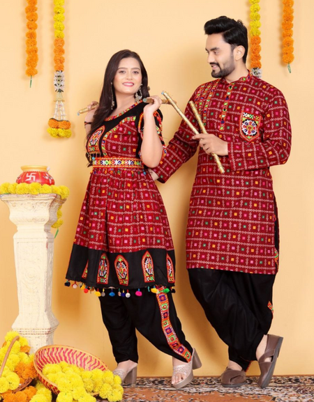 Navratri Traditional Indian Maroon Couple Wear Same Matching Outfits Set Dress mahezon