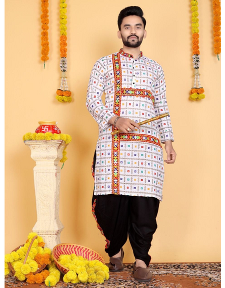 Navratri Traditional Indian White Men Kurta Dhoti Set mahezon