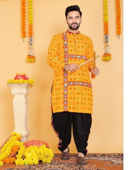 Navratri Traditional Indian Yellow Men Kurta Dhoti Set mahezon