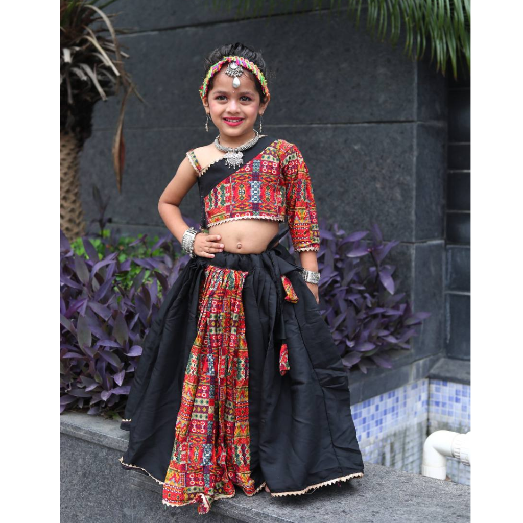 Navratri Garba Kids Girls Black Lehenga Blouse - Main Image