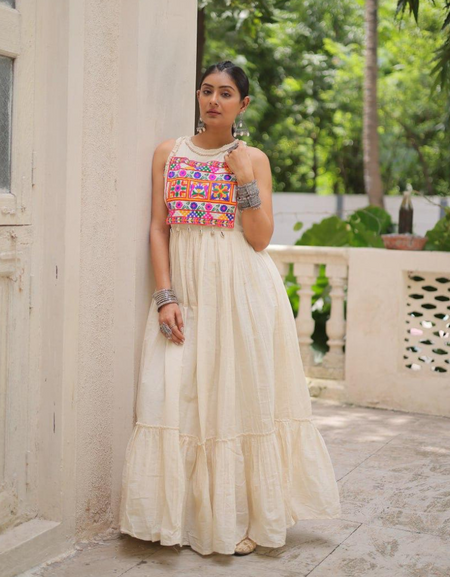 Navratri Garba Traditional Embroidery White Women Gown mahezon