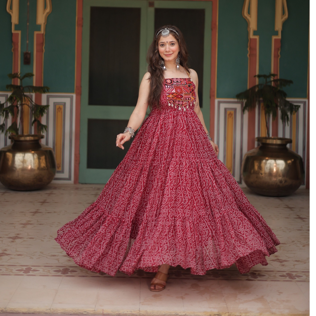 Traditional Navratri Garba Indian Bandhani Print Women Gown Dress – mahezon Traditional Navratri Garba Indian Bandhani Print Women Gown Dress – mahezon