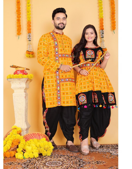 Navratri Traditional Indian Yellow Couple Wear Same Matching Outfits Set Dress mahezon