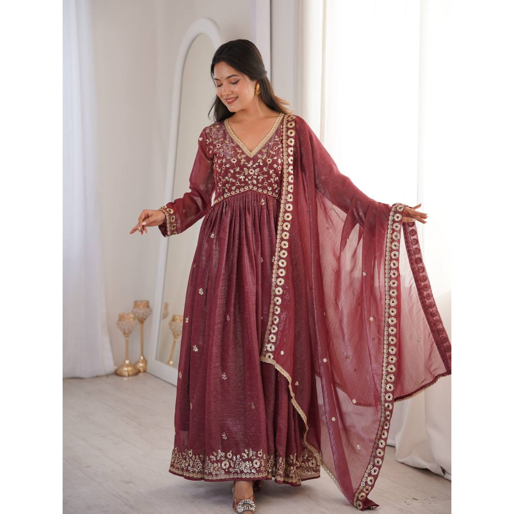 Party Wear Designer Embroidery Sequence Women Gown Pant Dupatta Suit D mahezon Party Wear Designer Embroidery Sequence Women Gown Pant Dupatta Suit D mahezon