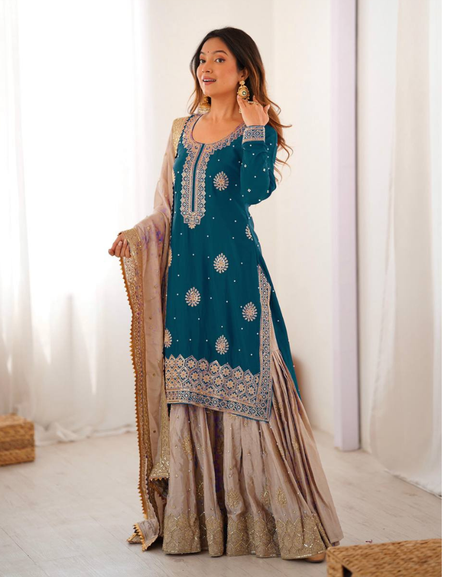 Party Wear Designer Women Top Sharara with Dupatta Suit Dress