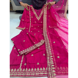 Festive Indian Silk Women Kurti Pant Dupatta Suit mahezon