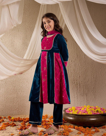 Velvet Designer Kids Girls Kurta Pant Dupatta Set