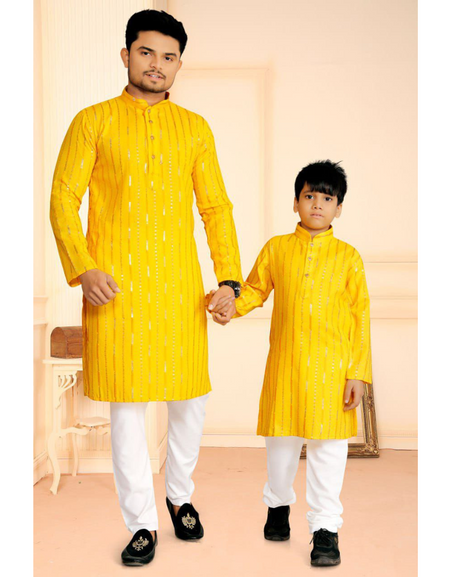 Traditional Cotton Ethnic Father Son Same Matching Kurta Pajama outfits Yellow mahezon