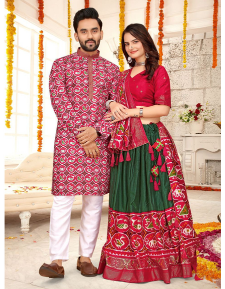 Traditional Couple Wear Men Kurta and Women Lehenga Same Matching Outfits Set mahezon