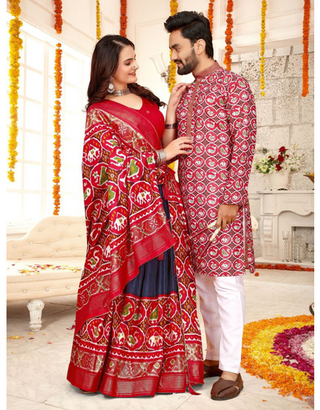 Traditional Ethnic Couple Wear Men Kurta and Women Lehenga Same Matching Outfits Set mahezon