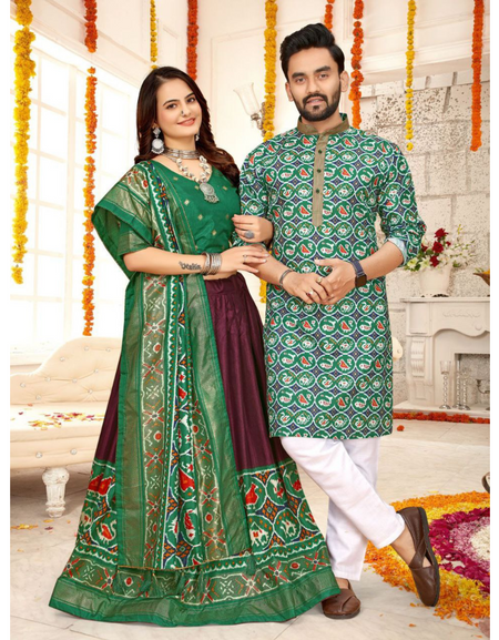 Traditional Indian Ethnic Couple Wear Men Kurta and Women Lehenga Same Matching Outfits Set mahezon