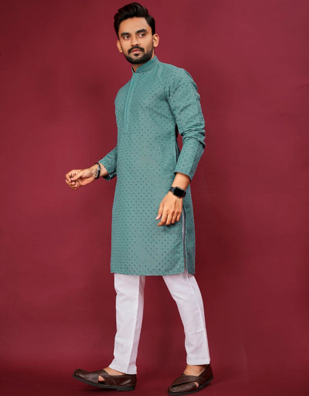 Traditional Indian Cotton Lucknowi Men Kurta Pyjama Set mahezon