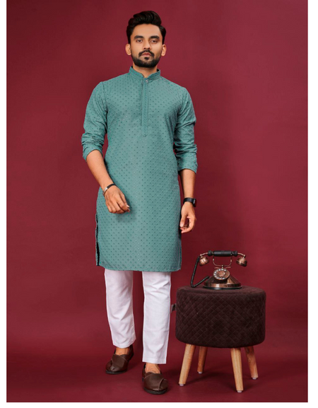 Traditional Indian Cotton Lucknowi Men Kurta Pyjama Set mahezon