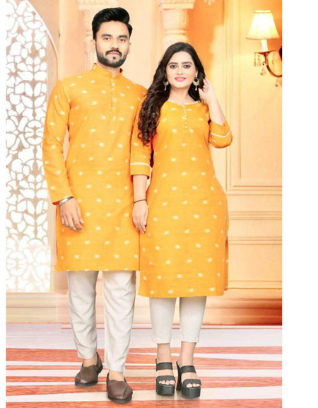 Couple wear Yellow Indian Traditional Same Matching Outfits mahezon
