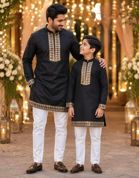 Traditional Indian Cotton Father Son Same Matching Mirror Work Kurta Pajama