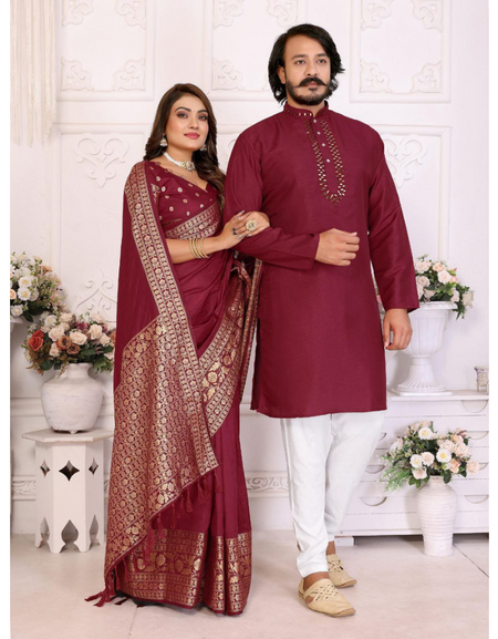 Couple wear Same Matching Outfit Men’s Kurta Pajama and Women’s Saree mahezon